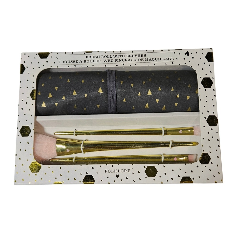 Folklore Makeup Brush Roll 4pc Gold Brushes Set NIB Gift Beauty Cosmetics Travel